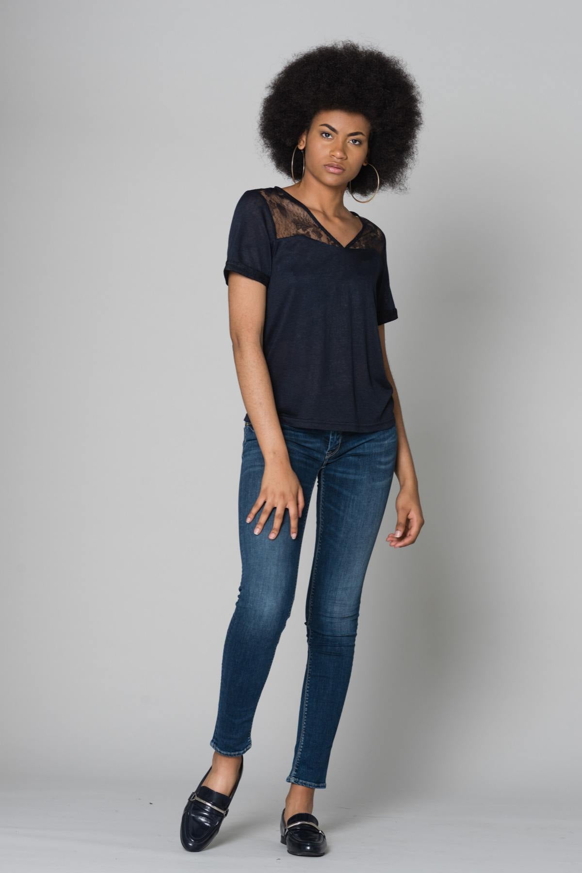 Navy blue lace t-shirt - Image n°3