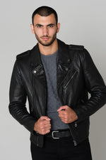 Thick washed lambskin leather, slimfit black biker jacket. - Image n°3