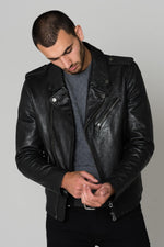 Thick washed lambskin leather, slimfit black biker jacket. - Image n°1