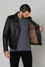 Thick washed lambskin leather, slimfit black biker jacket. - Image n°4