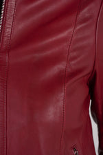 Red lambskin biker jacket. Feminine edge with Mao collar and press-stud. - Image n°6