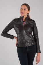 Deep brown lambskin jacket with a patina finish and mandarin collar. - Image n°2