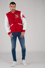 Red and white varsity jacket with quilted lining and contrast details. - Image n°3