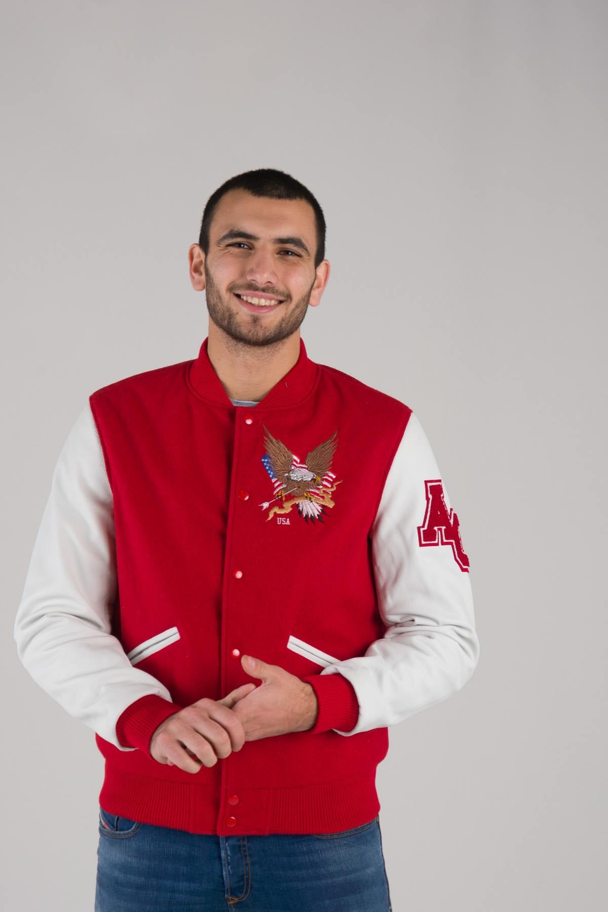 Red and white varsity jacket with quilted lining and contrast details. - Image n°4