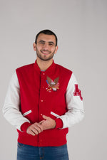 Red and white varsity jacket with quilted lining and contrast details. - Image n°4
