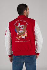 Red and white varsity jacket with quilted lining and contrast details. - Image n°6