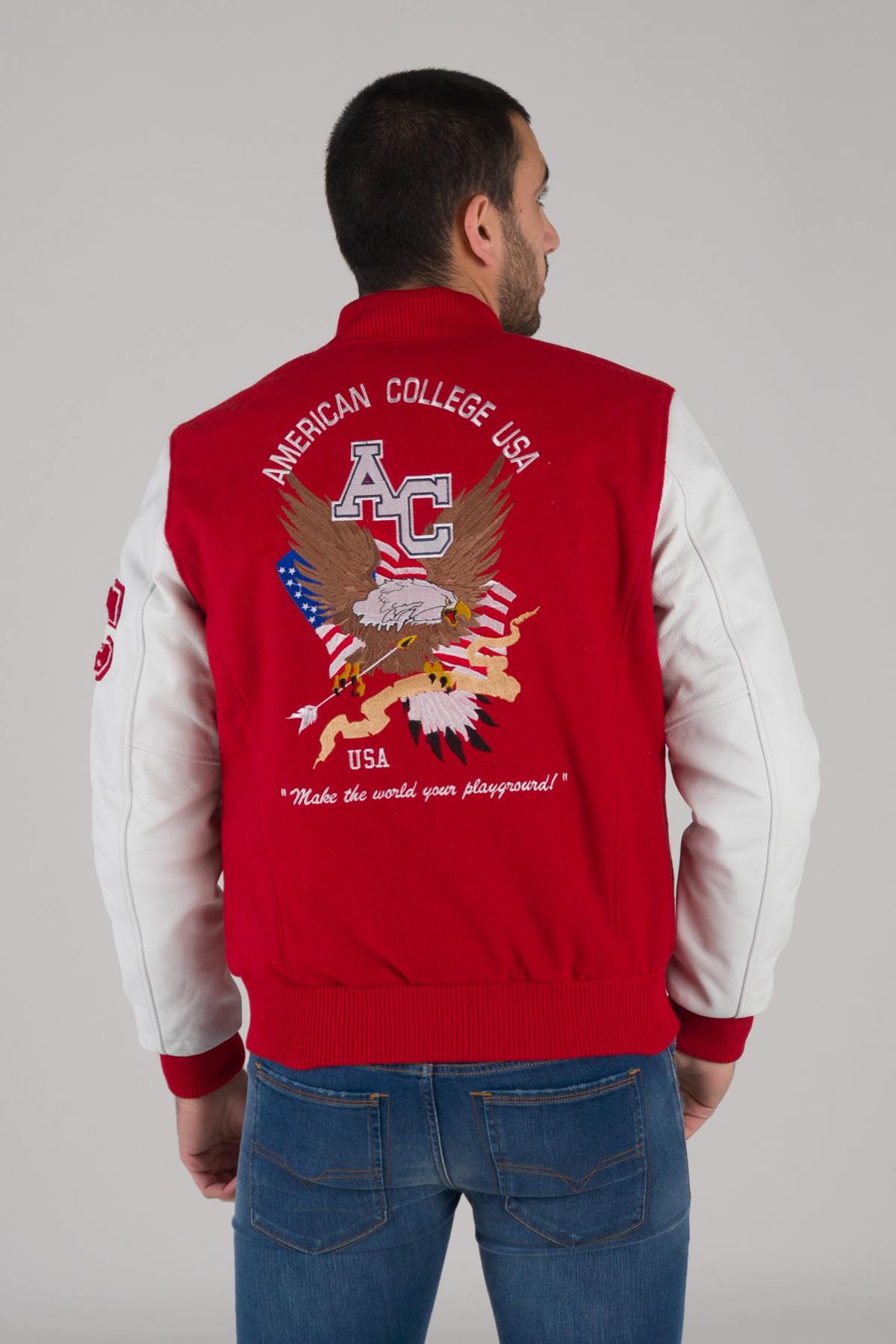 Red and white varsity jacket with quilted lining and contrast details. - Image n°6
