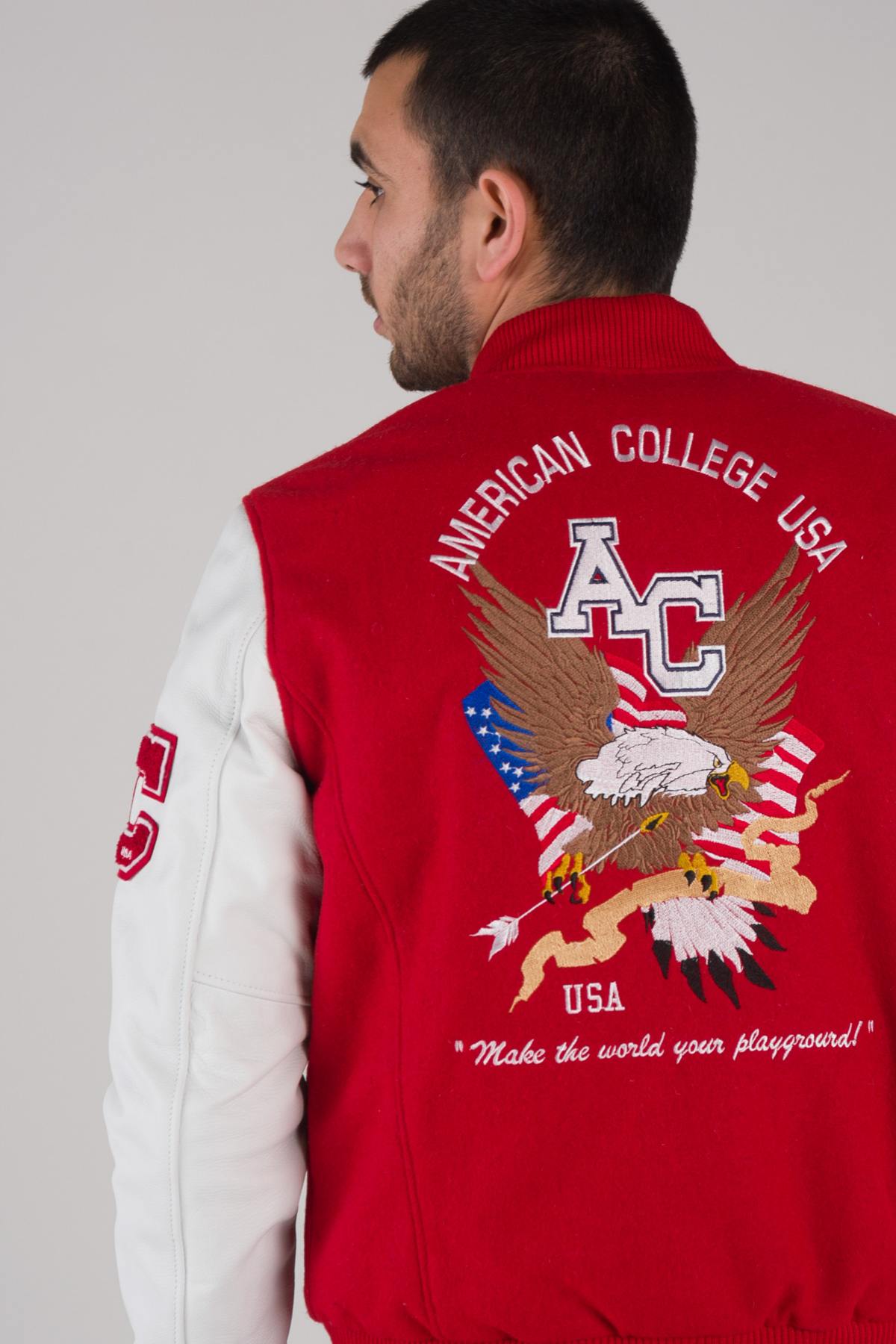 Red and white varsity jacket with quilted lining and contrast details. - Image n°2
