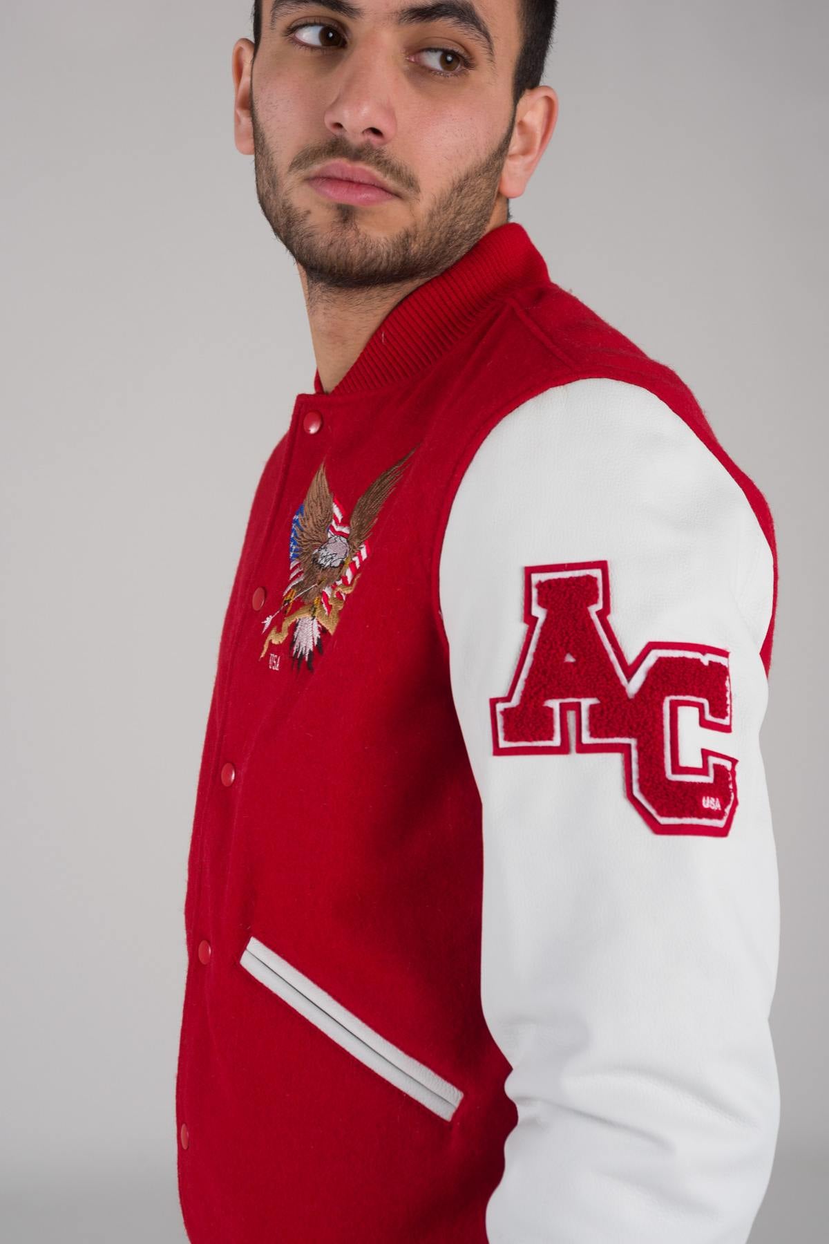 Red and white varsity jacket with quilted lining and contrast details. - Image n°7