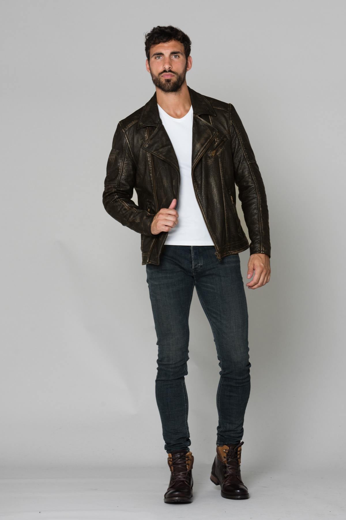 Brown men's biker jacket - Image n°3