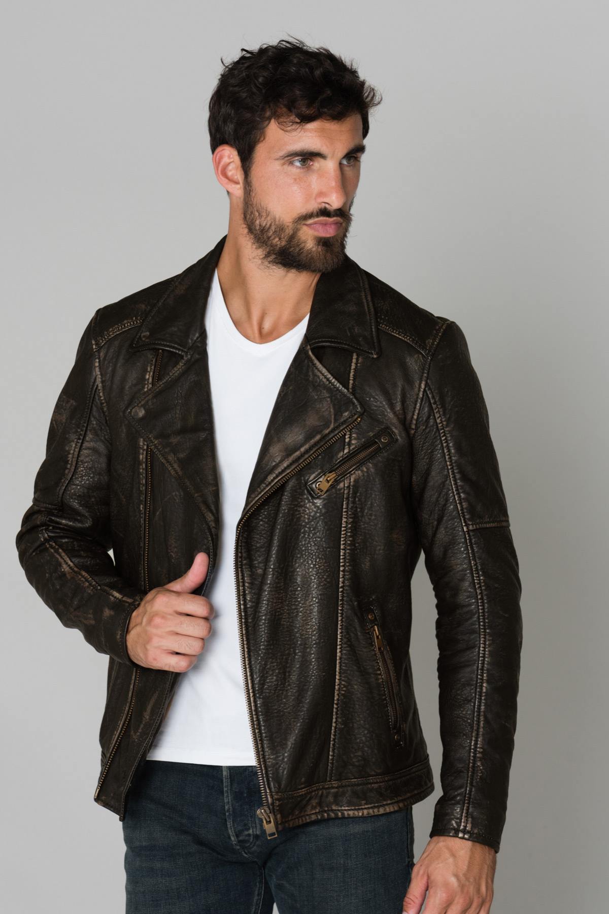 Brown men's biker jacket - Image n°6