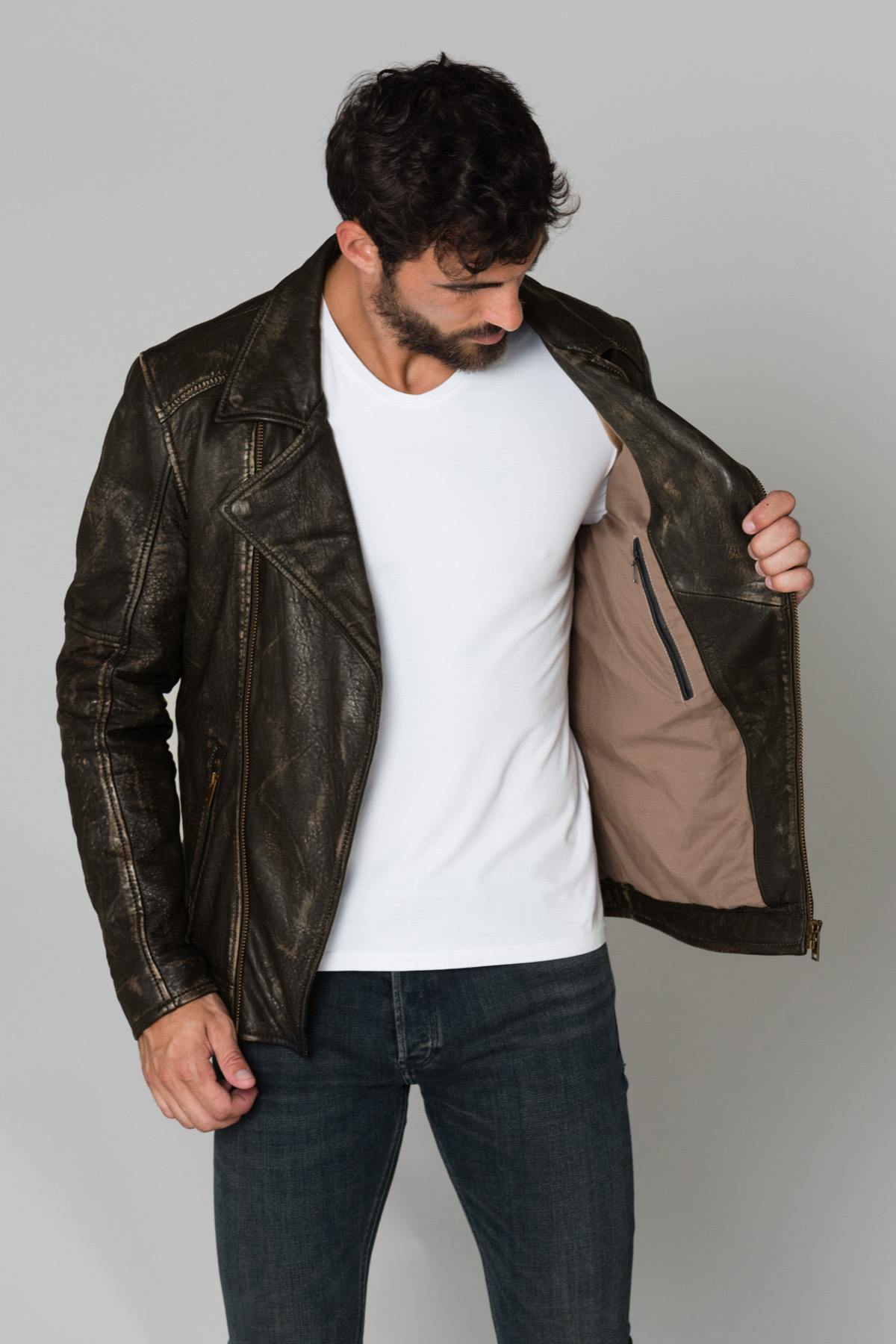 Brown men's biker jacket - Image n°7