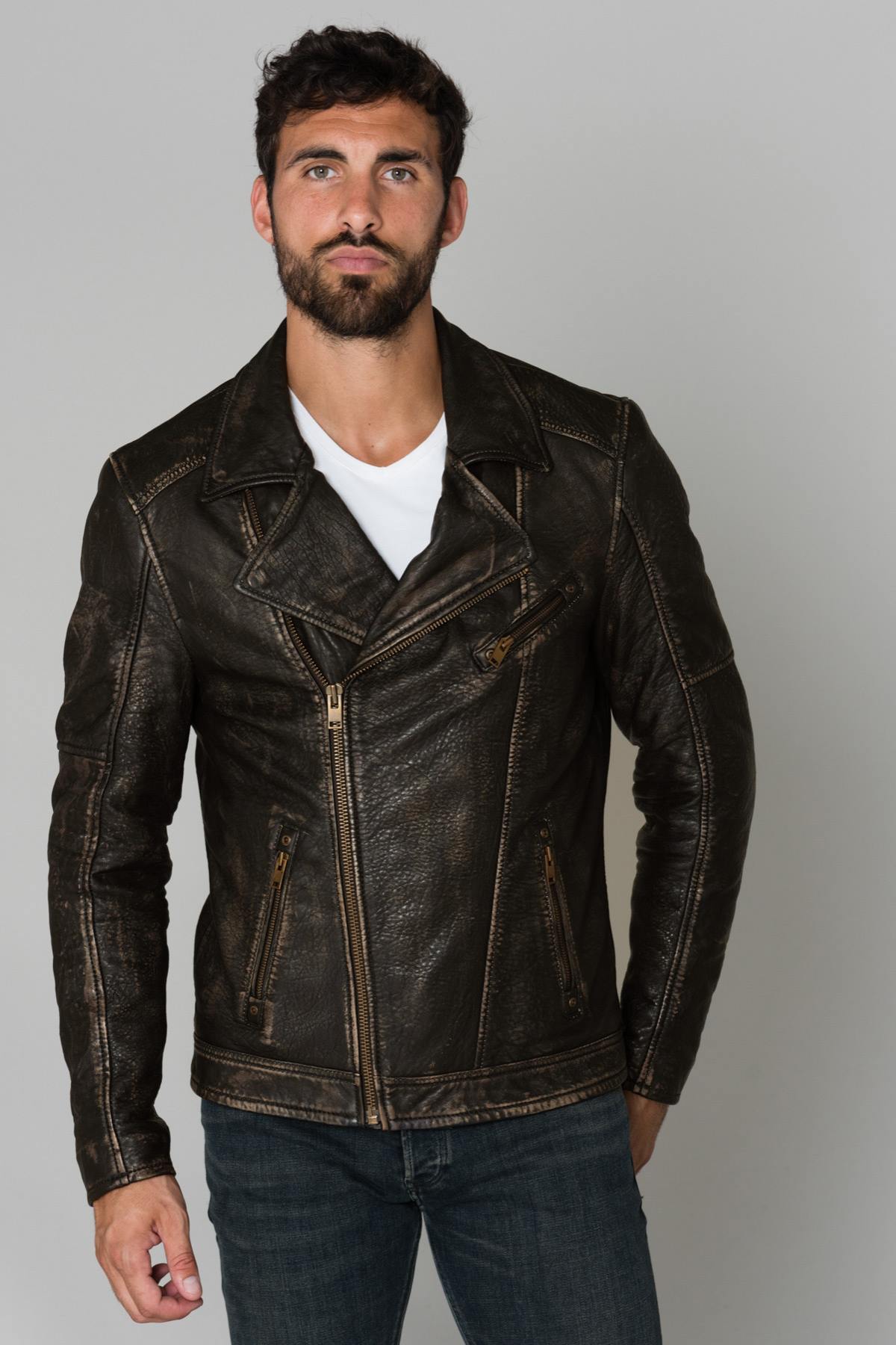 Brown men's biker jacket - Image n°4