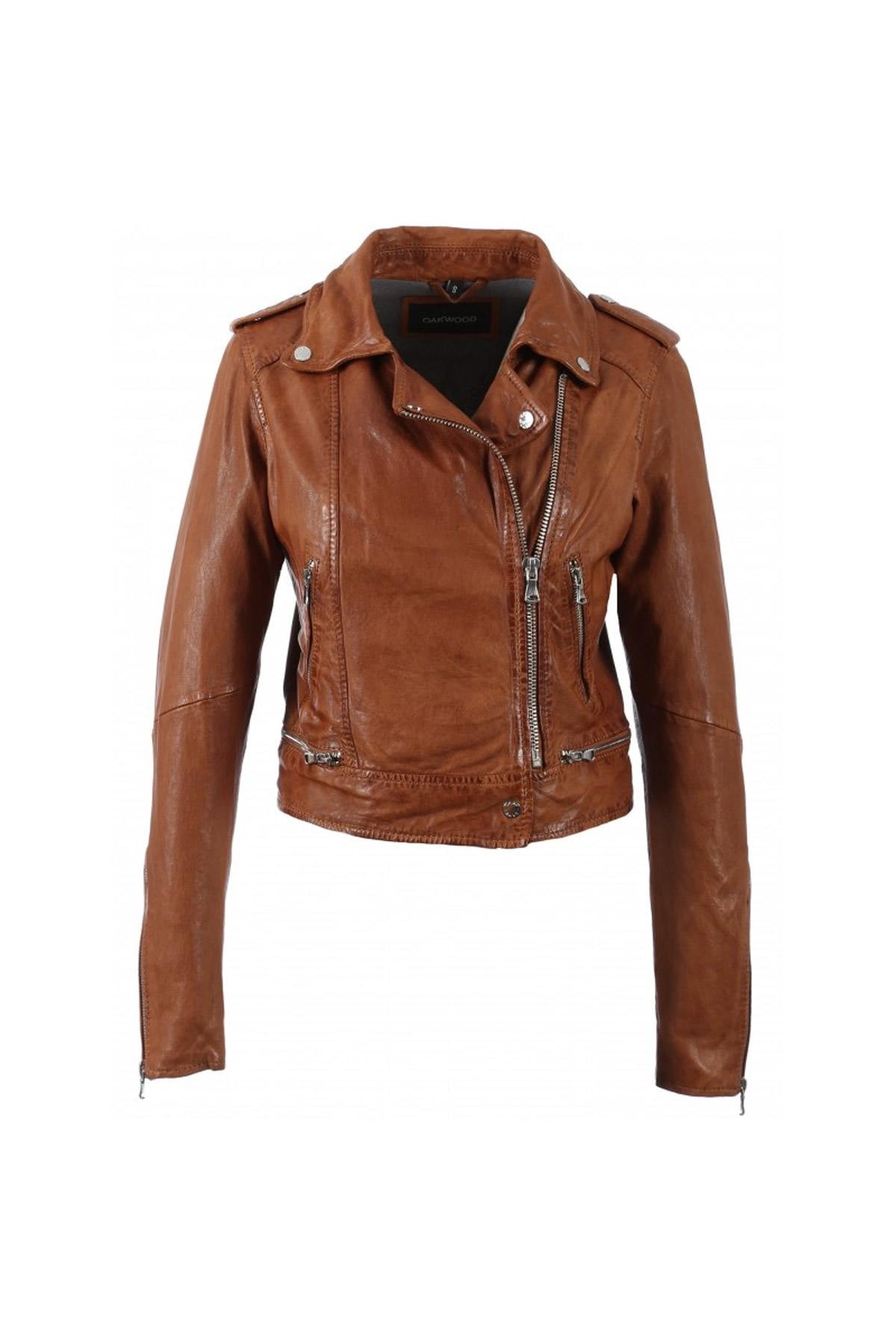 Distressed cognac lambskin biker jacket, cropped with silver details. - Image n°10