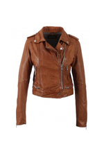 Distressed cognac lambskin biker jacket, cropped with silver details. - Image n°10