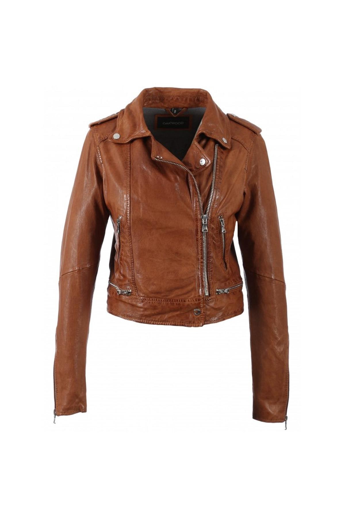Women's cognac-colored Biker Jacket - Image n°10