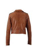 Distressed cognac lambskin biker jacket, cropped with silver details. - Image n°11