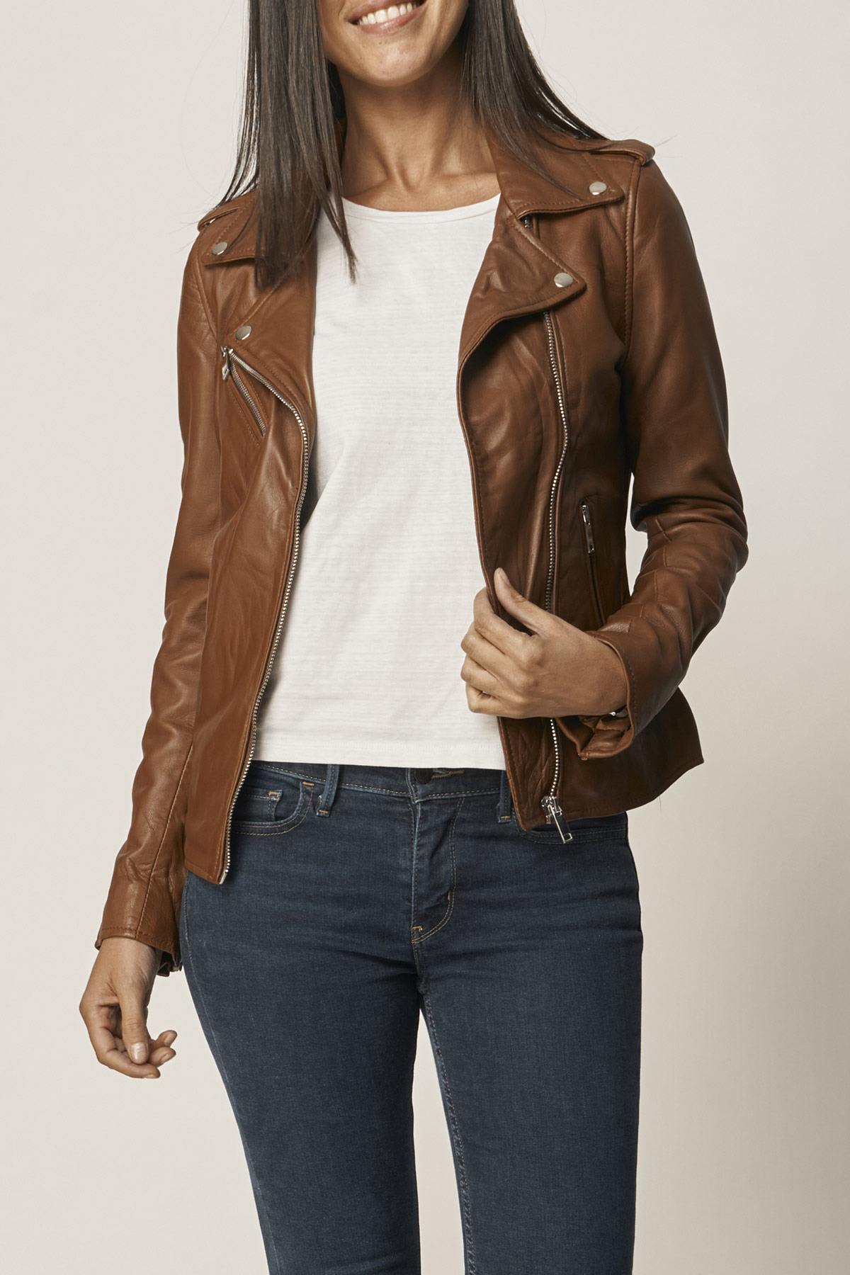 Cognac brown leather Biker Jacket - Image n°2