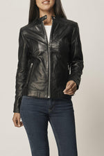Black leather jacket for women with snap collar - Image n°1