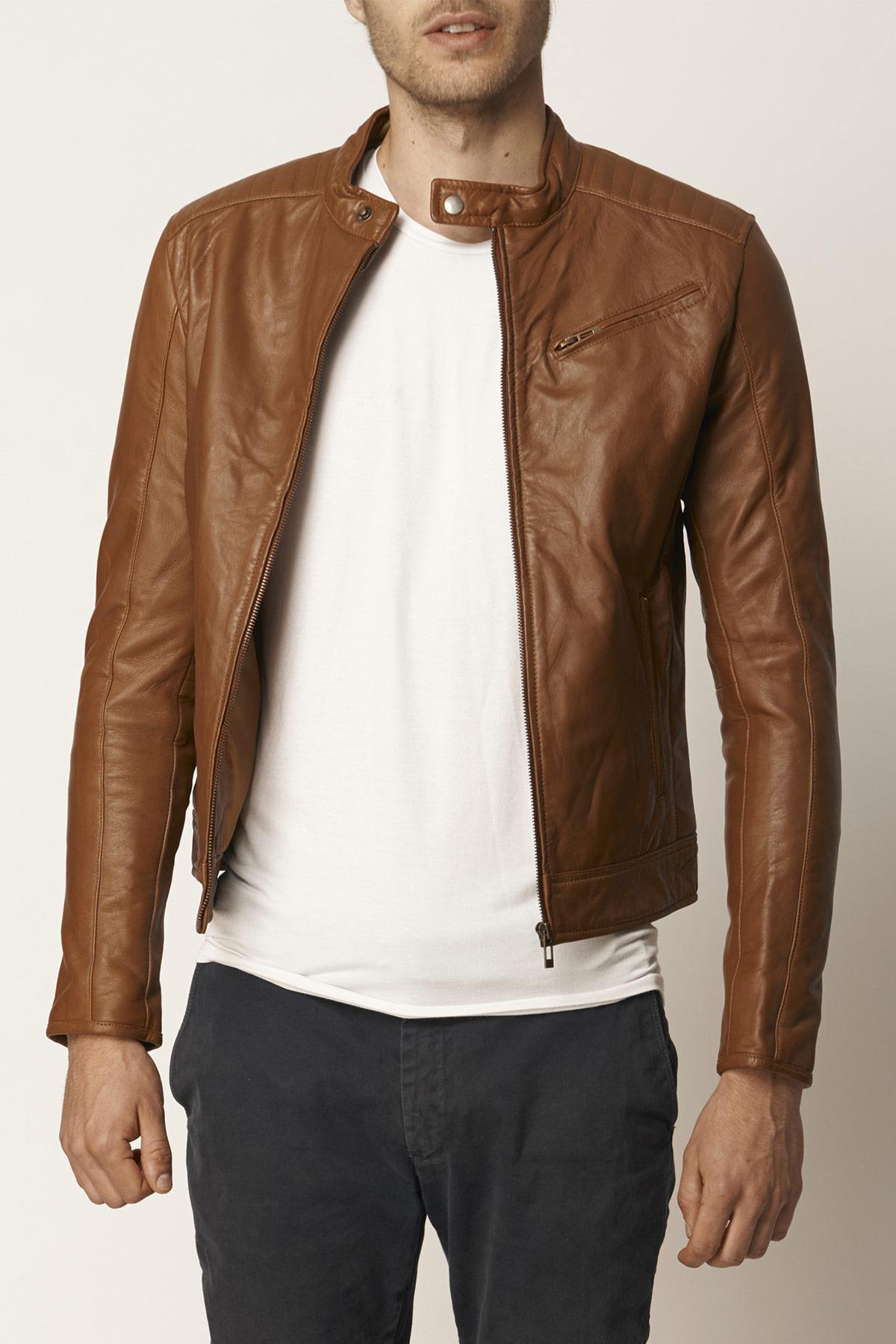 Men's biker style leather with snap collar - Image n°1