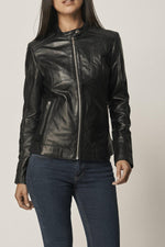 Black leather jacket for women with snap collar - Image n°2