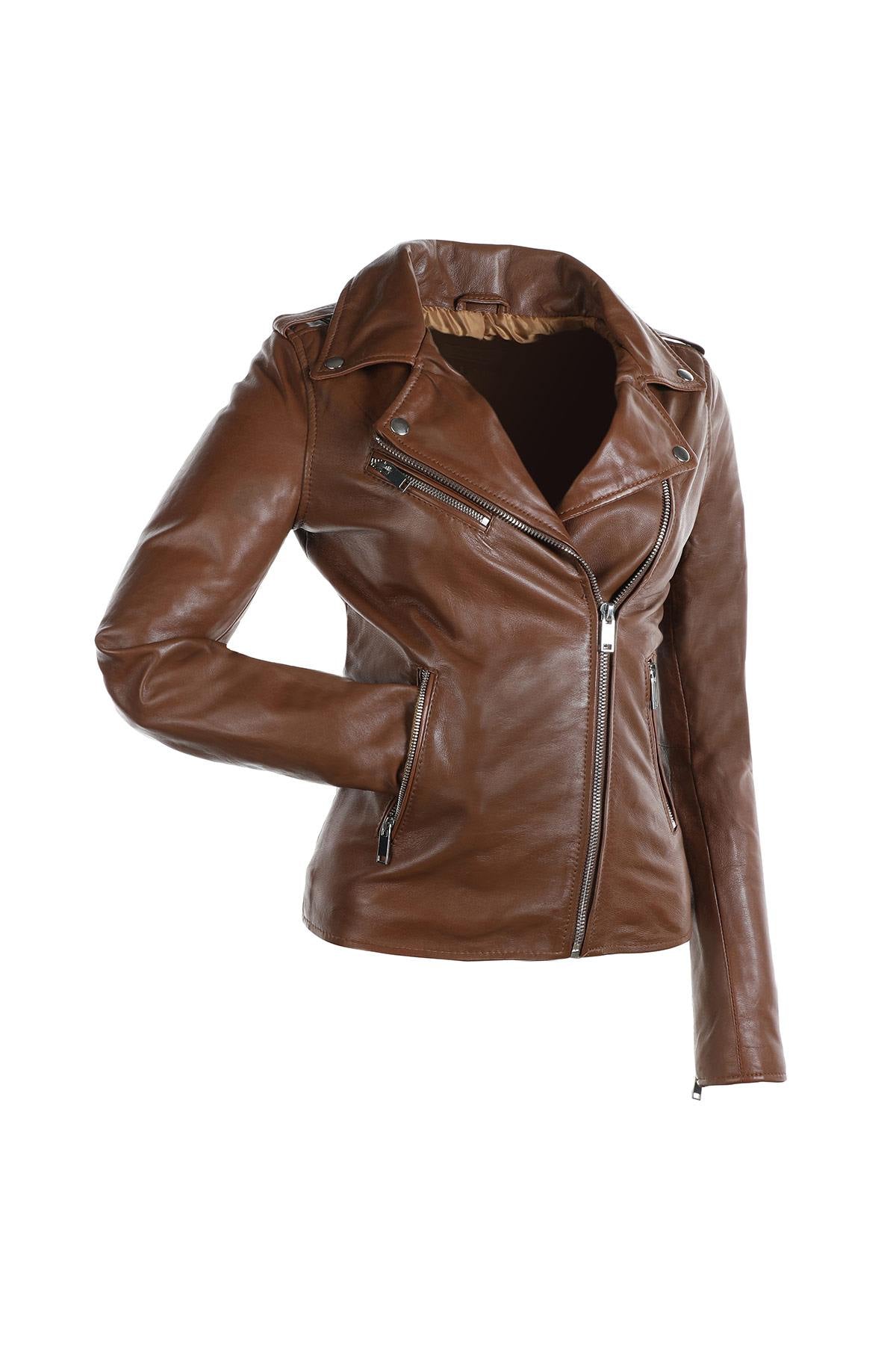Cognac brown leather Biker Jacket - Image n°3
