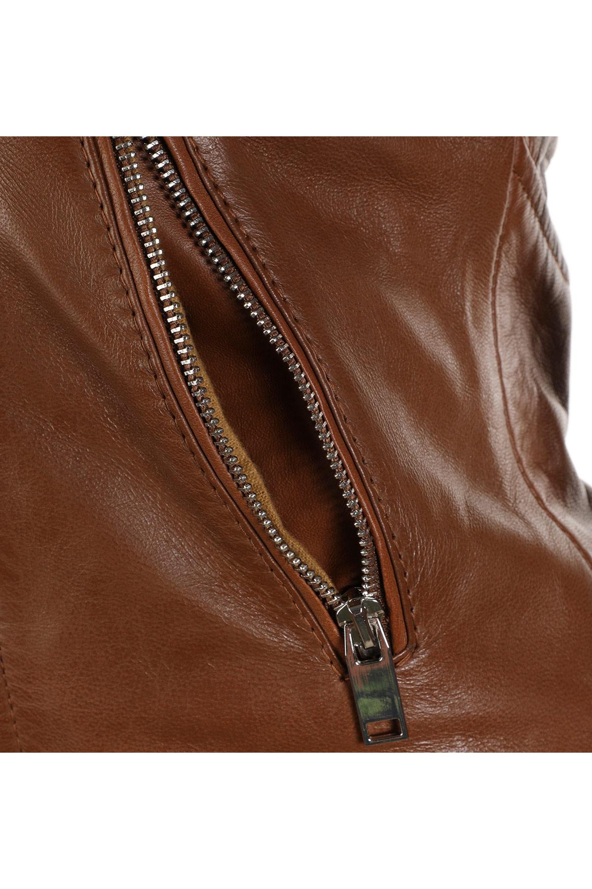 Cognac brown leather Biker Jacket - Image n°5