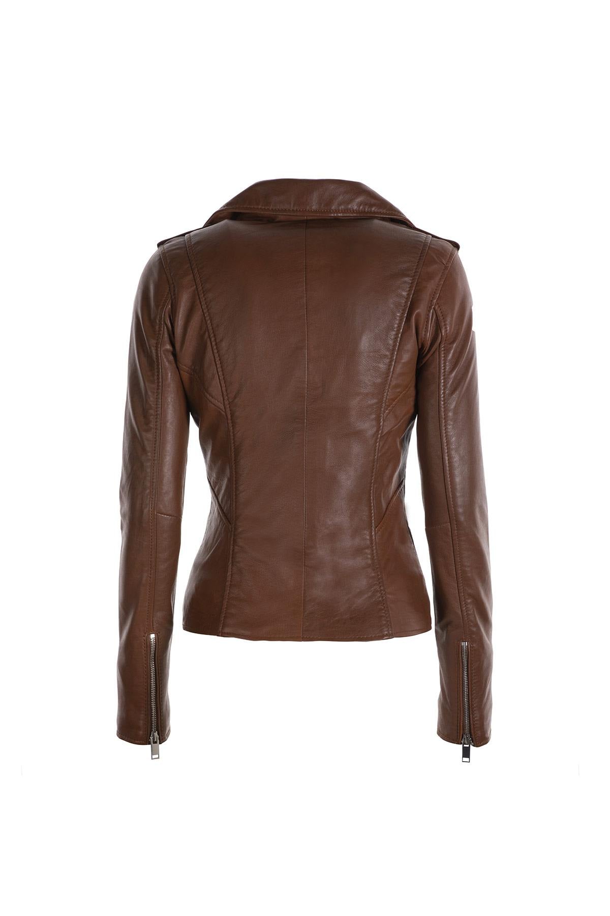 Cognac brown leather Biker Jacket - Image n°4