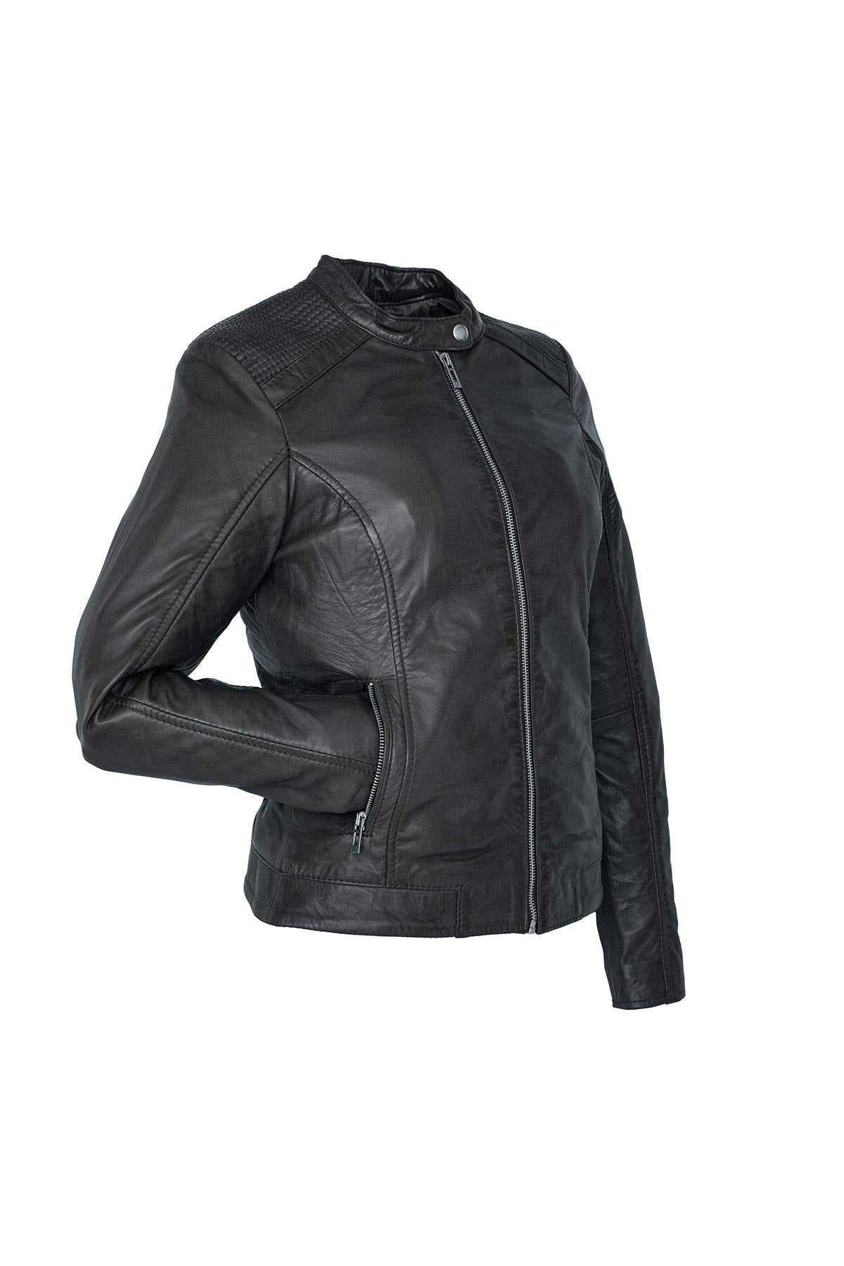 Black leather jacket for women with snap collar - Image n°5