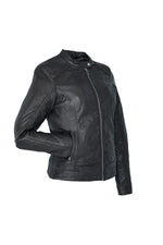 Black leather jacket for women with snap collar - Image n°5