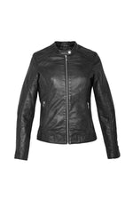Black leather jacket for women with snap collar - Image n°3