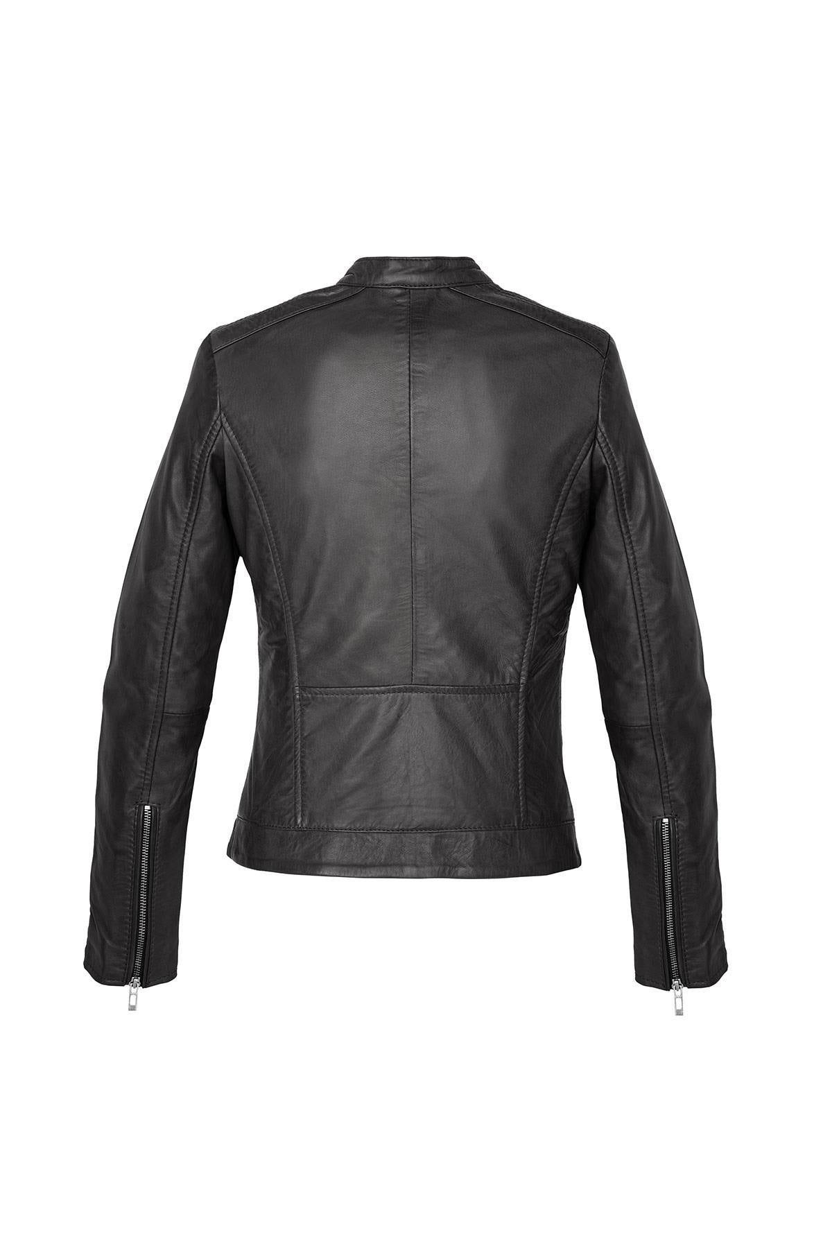 Black leather jacket for women with snap collar - Image n°4