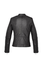 Black leather jacket for women with snap collar - Image n°4