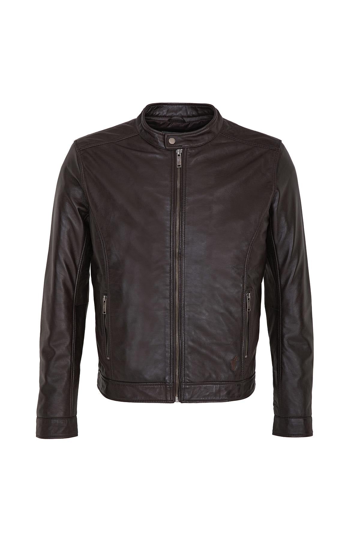 Brown leather jacket with snap collar - Image n°1