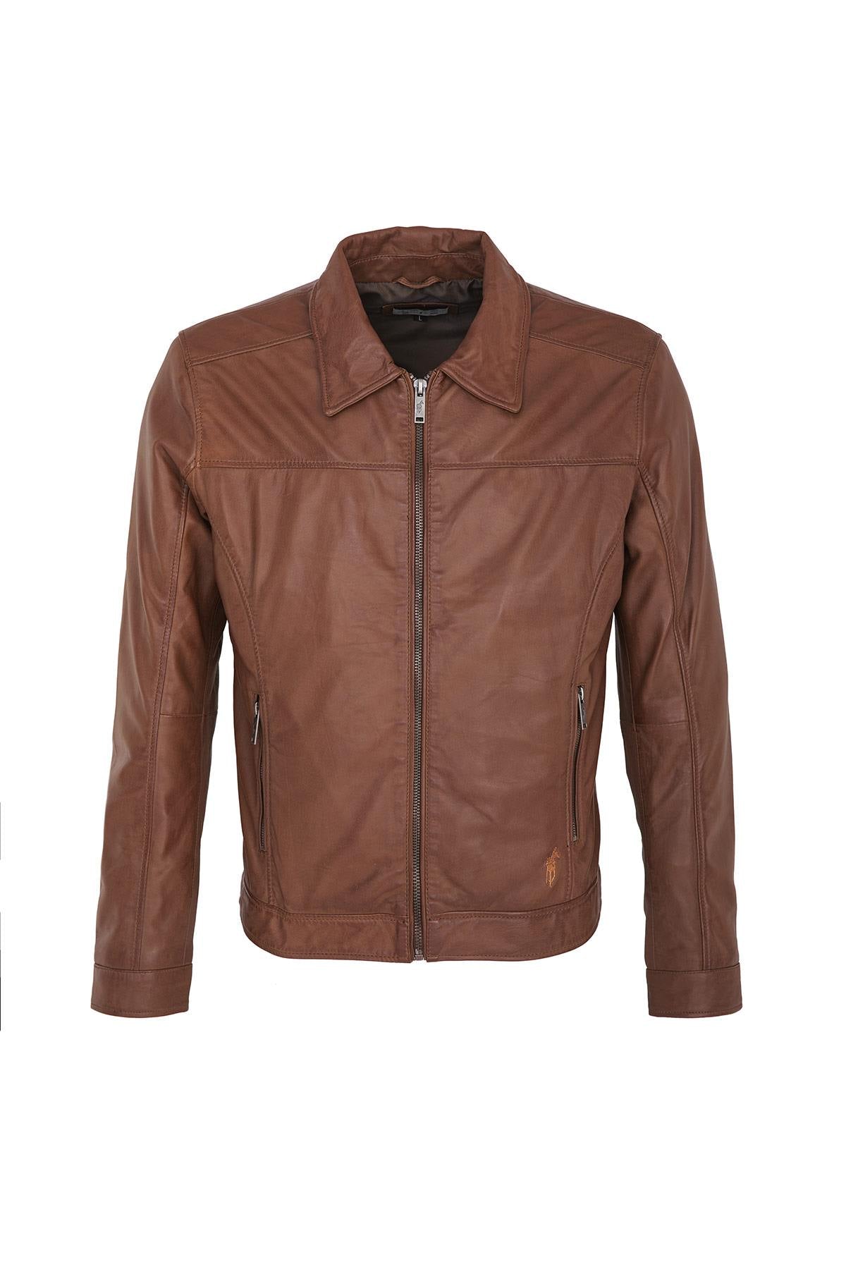 Cognac-colored leather shirt collar - Image n°1