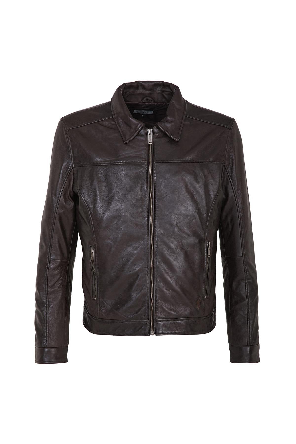 Classic leather jacket with shirt collar - Image n°1