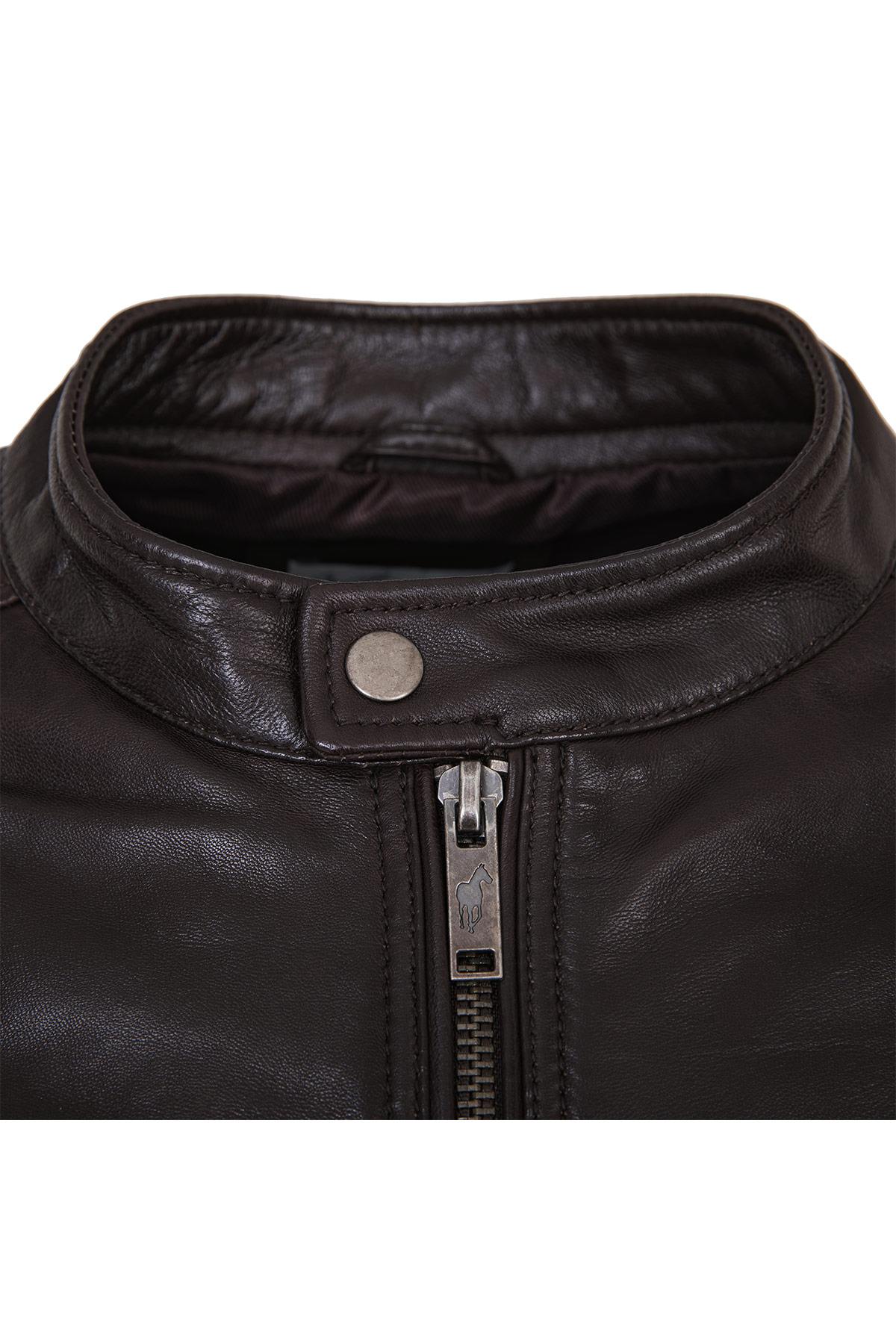 Brown leather jacket with snap collar - Image n°2
