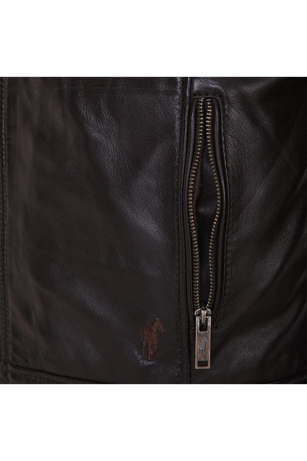 Brown leather jacket with snap collar - Image n°4