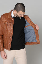 Distressed brown leather jacket with flap collar - Image n°3