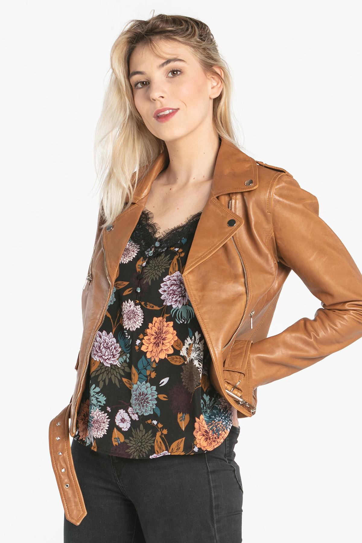 Women's cognac lambskin Biker Jacket - Image n°1