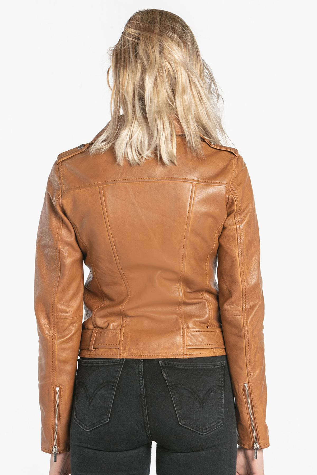 Women's cognac lambskin Biker Jacket - Image n°3