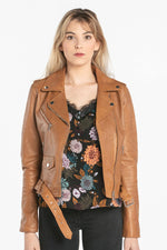 Women's cognac lambskin Biker Jacket - Image n°4