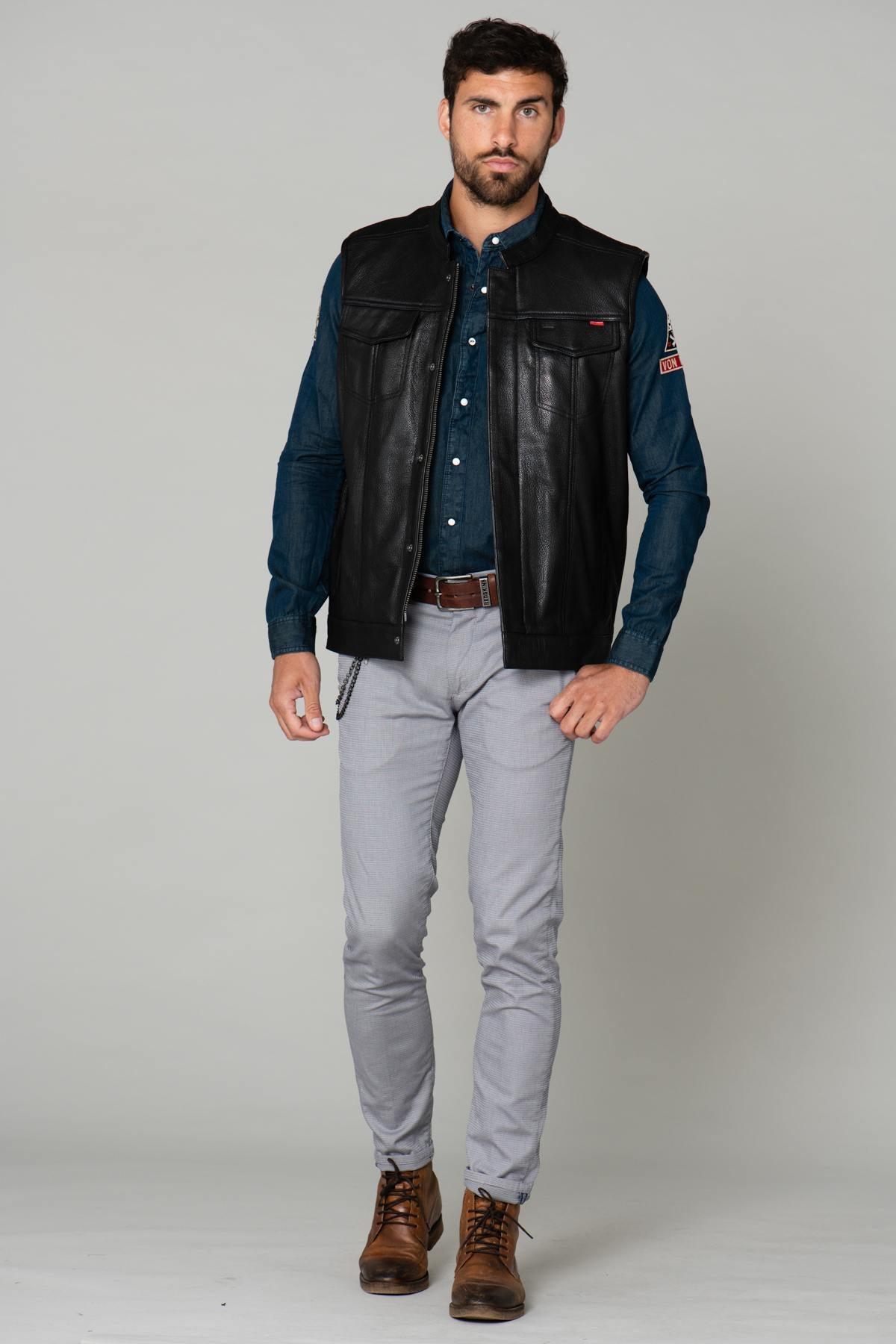 Cafe racer type leather biker vest - Image n°3