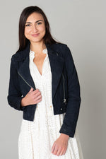 Navy blue suede leather Biker Jacket - Image n°2