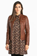 Women's cognac-colored leather jacket - Image n°3