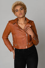 Women's cognac-colored Biker Jacket - Image n°4