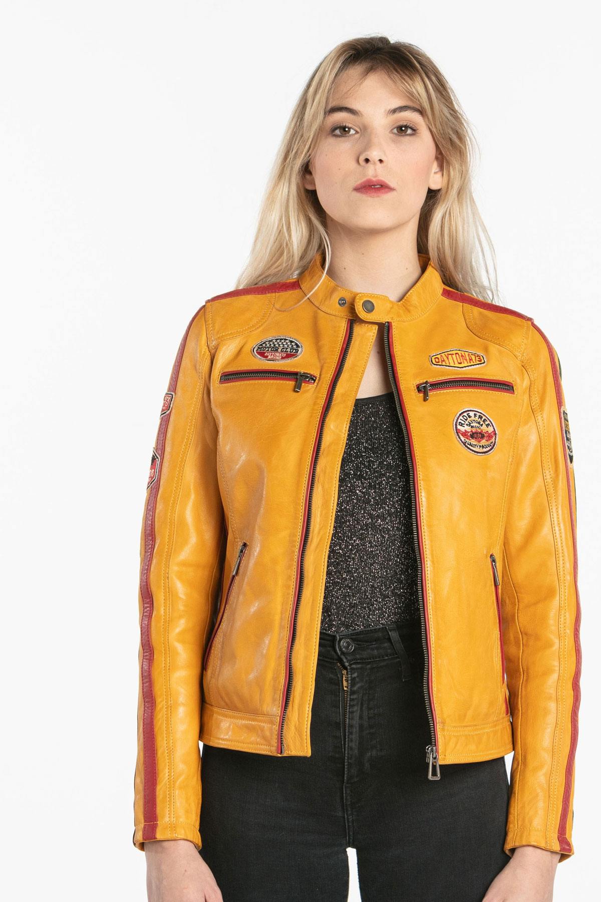 Yellow leather biker jacket - Image n°3