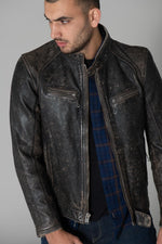 Patinaed cowhide biker jacket, stone-washed for a lived-in edge. - Image n°1