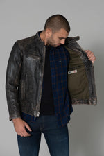 Patinaed cowhide biker jacket, stone-washed for a lived-in edge. - Image n°5