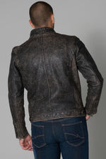Patinaed cowhide biker jacket, stone-washed for a lived-in edge. - Image n°6